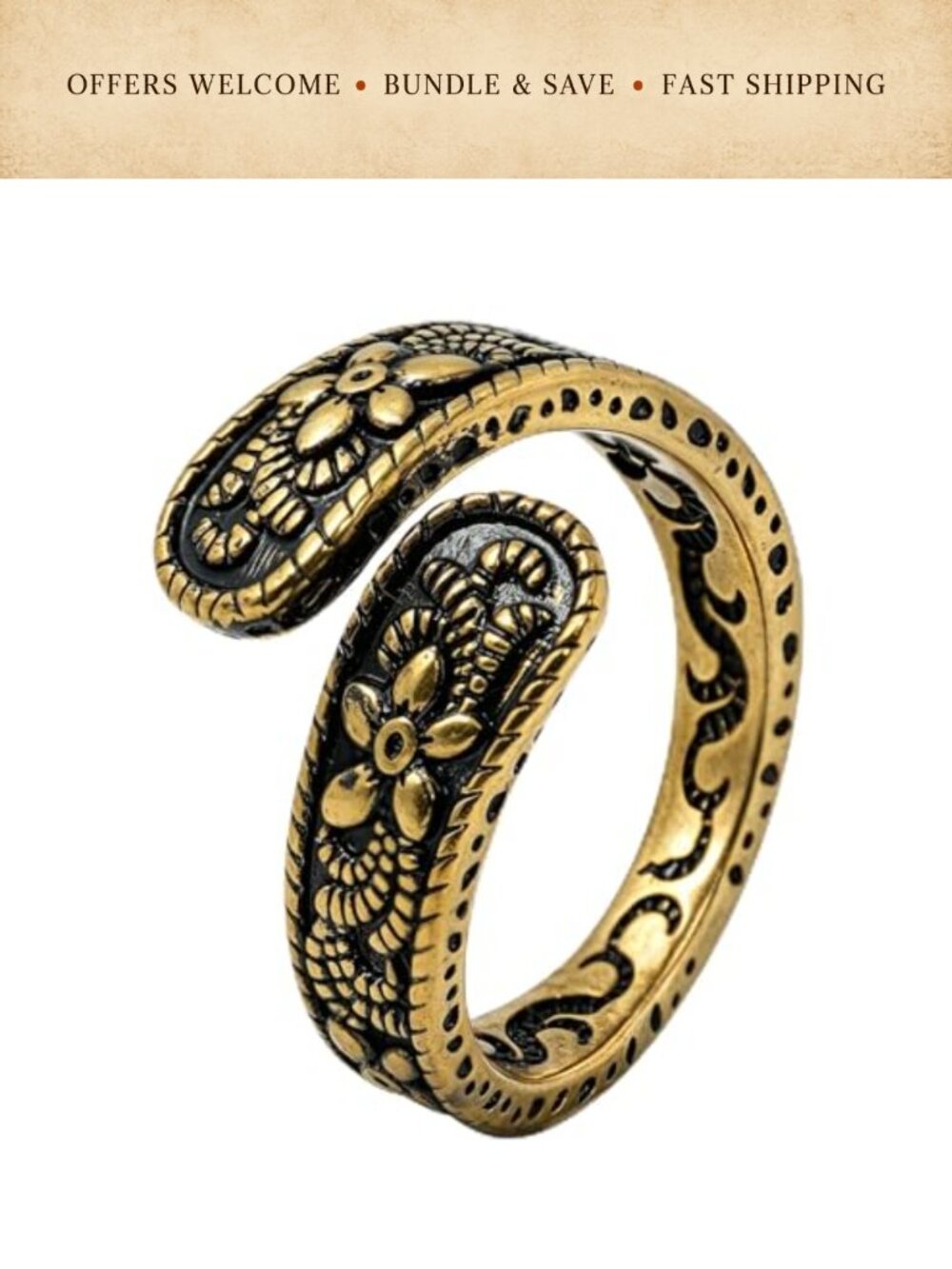 14K Gold Plated Vintage Grass Boho Chunky Adjustable Ring